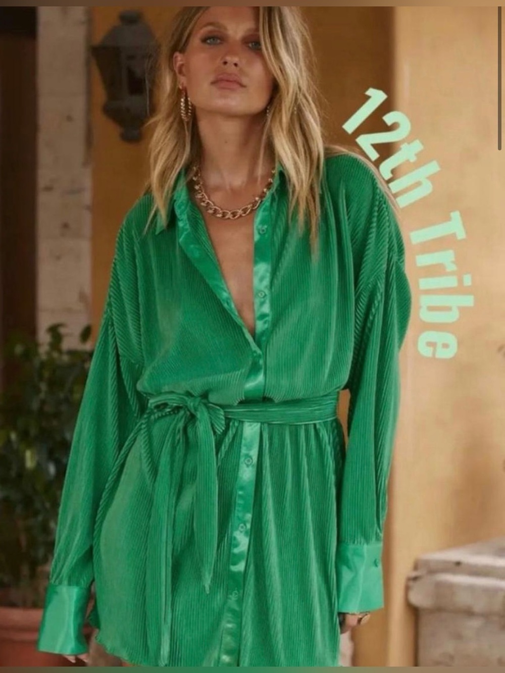 Silky green long sleeve button down dress